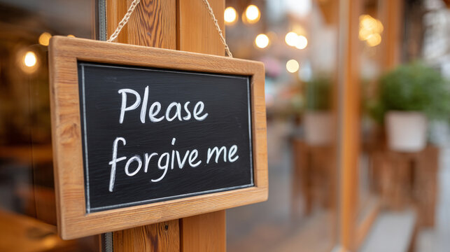 Chalkboard sign with "please forgive me" message hanging on wooden frame outdoors