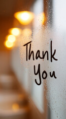 Fototapeta premium Thank you message on foggy mirror with cozy atmosphere and warm lighting for inspirational design