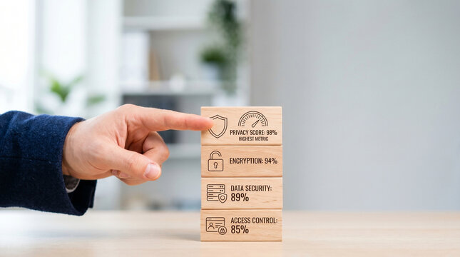 Privacy network federated learning hand pointing wooden block data security concept