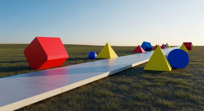 A minimalist concrete pathway stretches through a rural landscape featuring geometric structures in primary colors and clean, modern lines, journey, structure, design