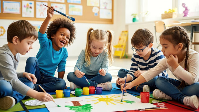 Happy Diverse Kids Painting Art in a Lively Preschool Classroom, Promoting Creativity and Early Childhood Education