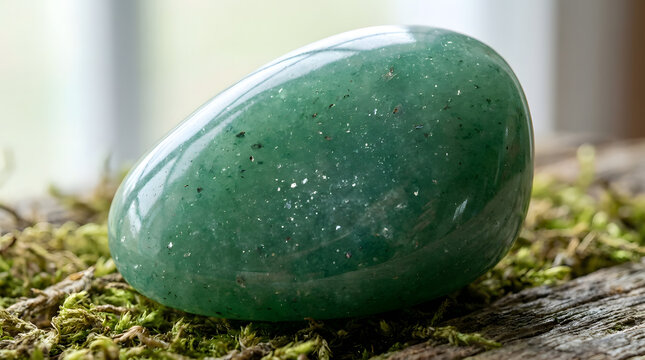 Green Aventurine Egg Stone on Moss and Wood Surface - Natural Healing Crystal
