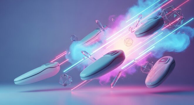 Sleek levitating treatment pods float within a vibrant digital nebula, featuring glowing light trails and translucent geometric structures, ethereal, wellness, lighting