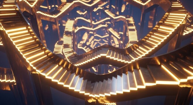 An infinite series of glowing golden steps winds through a vast geometric void, forming complex repeating patterns of mathematical beauty, glowing, harmony, spiritual