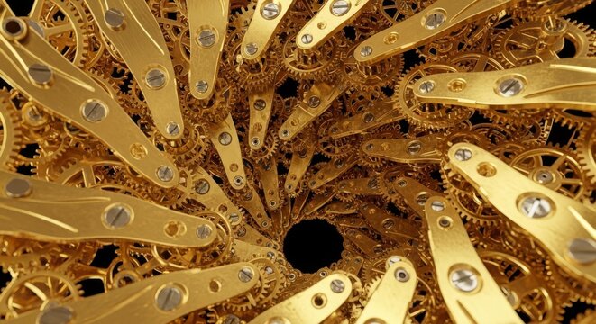 An intricate mechanical staircase spiral upwards made of brass gears and golden cogs, showcasing complex clockwork engineering in art, illustration, engineering, luxury