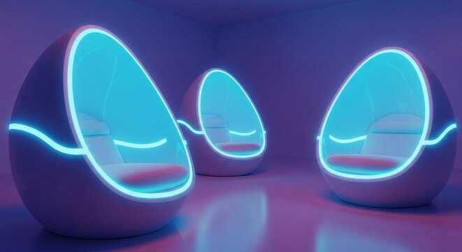 Sleek, egg-shaped white rest pods with neon blue glowing accents line a minimalist gallery hall. Soft curved lines and a glossy finish, science, surface, minimalist