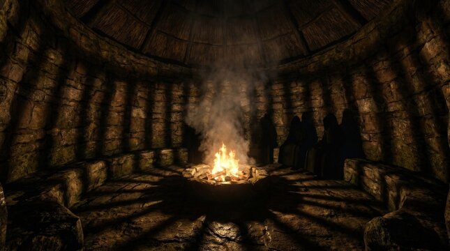 stone honai mountain Papua Ancient Interior Architecture with Fire Shadows