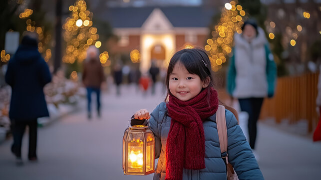 Child enjoying festive evening walk with parol lantern in winter wonderland setting