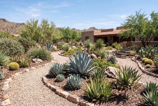 Modern southwestern home exterior with drought tolerant desert xeriscape garden