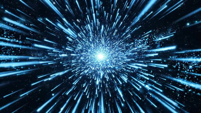 bright glowing blue light explosion with radiating energy rays and sparkling particles on dark background, concept for cosmic supernova, futuristic technology and digital data burst