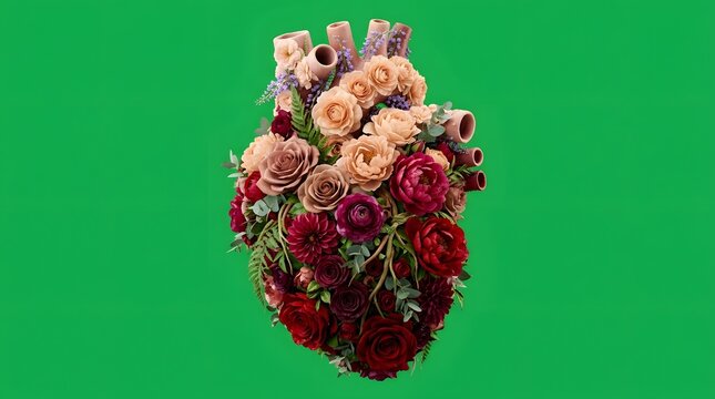 A beautifully crafted artistic heart shape composed entirely of vibrant, blooming flowers and lush greenery, symbolizing love, passion, and the intricate beauty of nature