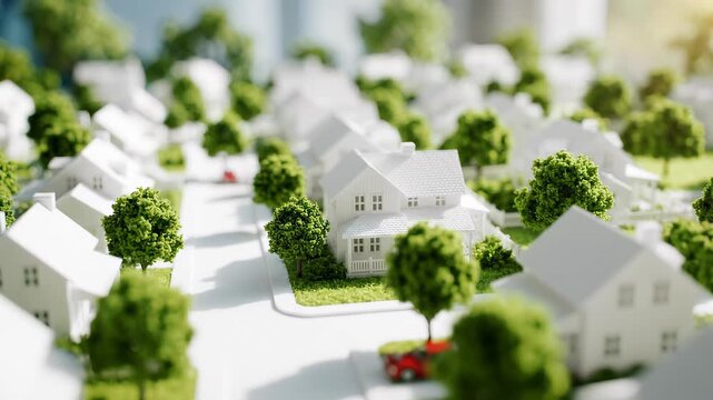 Miniature architectural model of a residential neighborhood with white houses and green trees along clean suburban streets, concept for urban planning, real estate and community development
