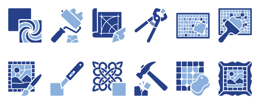 Set of mosaic art and tile work icons. Craft making, tiling tools, renovation, home improvement