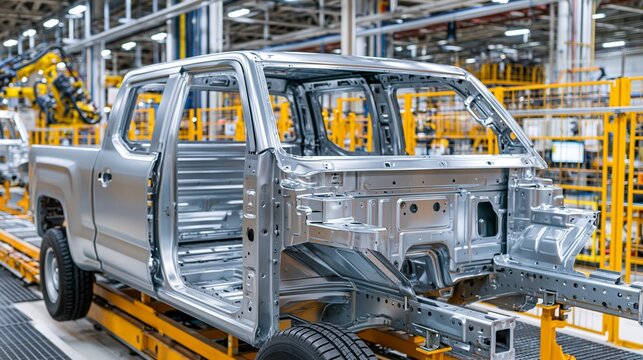 Medium shot capturing a bare metal truck cab shell on the assembly line highlighting the raw unpainted frames and panels before priming and finishing steps in a modern