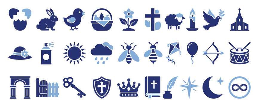 Set of Spring and Easter icons. Nature animals, plants, weather, religious symbols, celebration