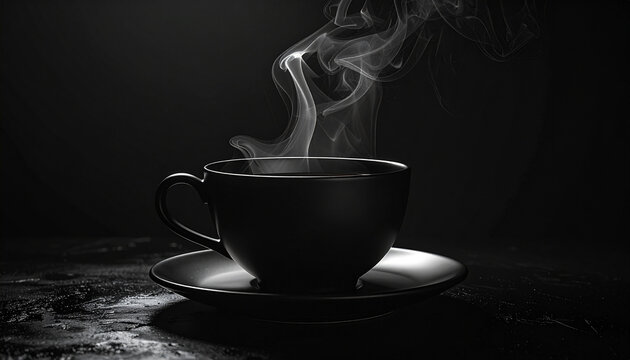 Steaming cup of coffee on saucer in dark ambiance