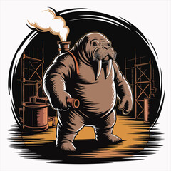 Walrus standing in industrial setting. © bay