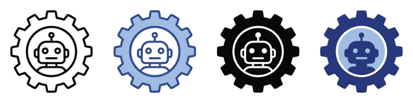 Set of robot icons, bot artificial intelligence symbol. Machine learning automation development