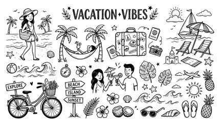 Fototapeta premium Vacation vibes hand drawn doodle set
