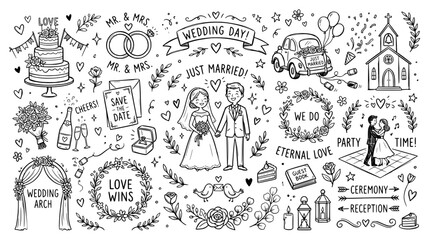 Obraz premium Wedding doodle set hand drawn elements