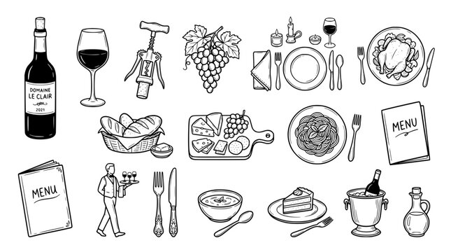 Set of hand drawn restaurant and dining icons
