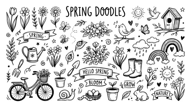 Spring doodles set with flowers, garden tools, animals and nature elements