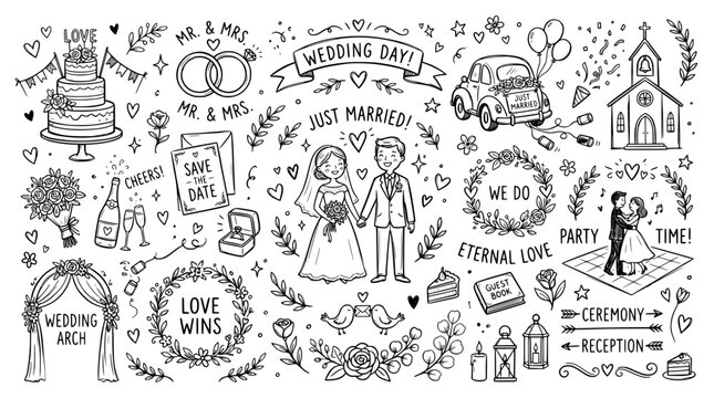 Wedding doodle set hand drawn elements