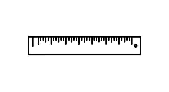 Simple black and white line icon of a ruler, a straightedge measuring tool with precise markings, ideal for school and office supplies.