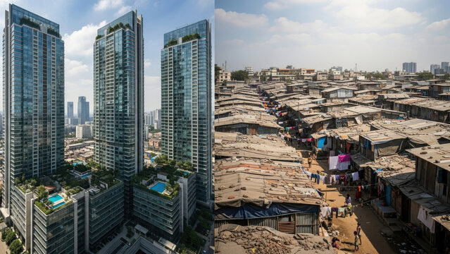 Photo of Urban Inequality: Modern Skyscrapers and Informal Slums  Stark Contrast Highlighting Global Social Issues.