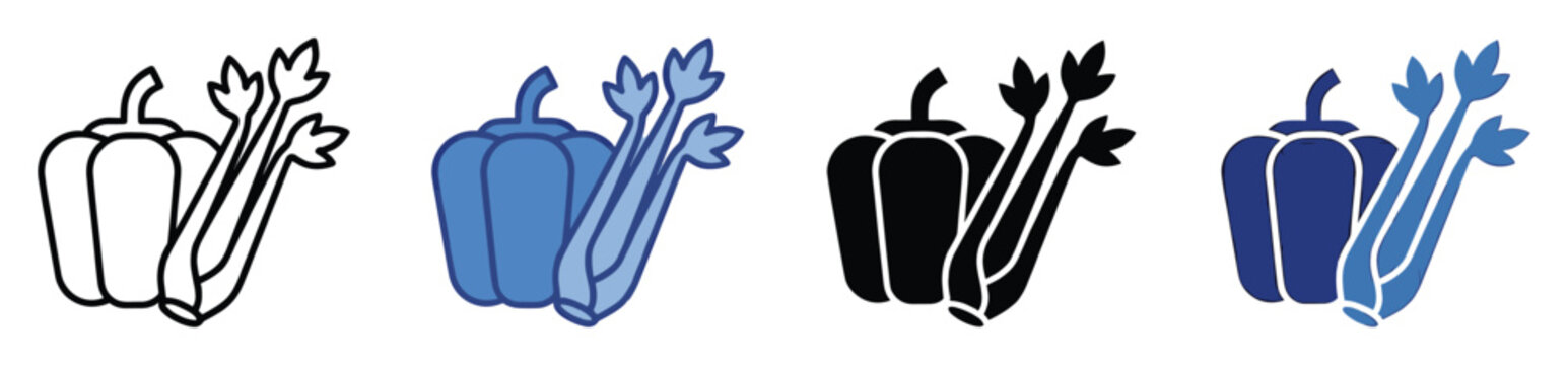 Diverse set of bell pepper and celery icons. Capsicum, sweet pepper, stalk, leaf, vegetable symbol