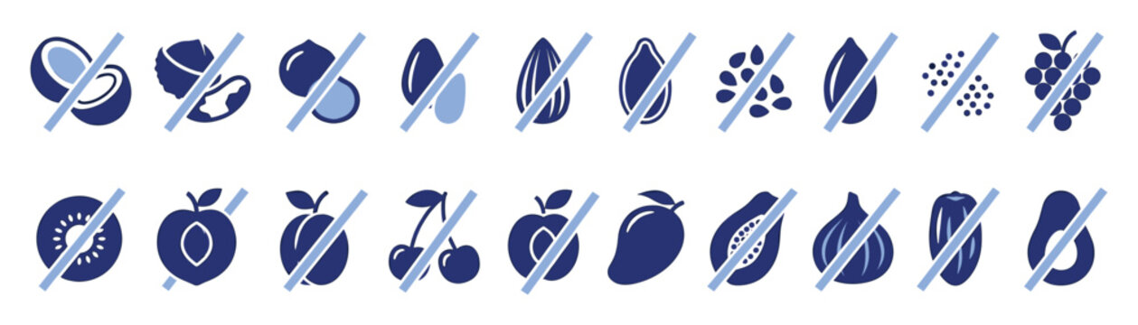 Set of forbidden fruit and nut icons. No fruit, no nuts, no seeds, dietary restriction symbols.