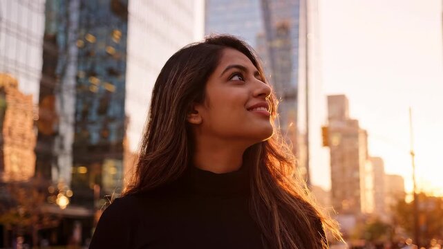 Portrait of a smiling young Indian marketing executive woman standing in front of city office buildings during sunset golden hour, concept for corporate leadership, recruitment and success