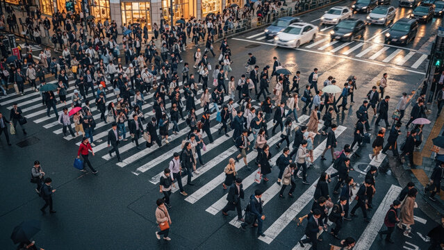 Photo-realistic image of a bustling city crosswalk with a large crowd of people, reflecting urban business life.