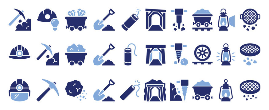 Set of mining icons. Gold rush, mineral extraction, prospecting tools, excavation equipment. Hard