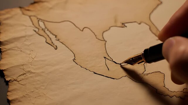 Hand drawing ancient map of Mexico with fountain pen on parchment paper.