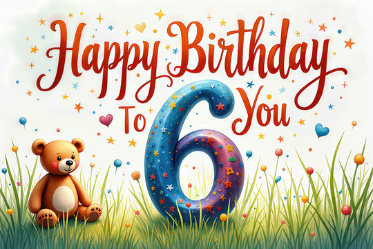 Greeting card for 6 years old with a teddy bear in a grassy field, colorful stars, balloons, and hearts, saying Happy Birthday To You.