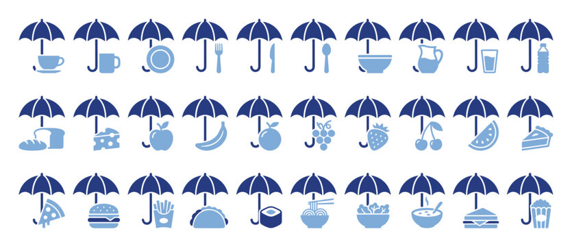 Set of food and drink icons. Meal, snack, fruit, kitchenware symbols under umbrella protection.