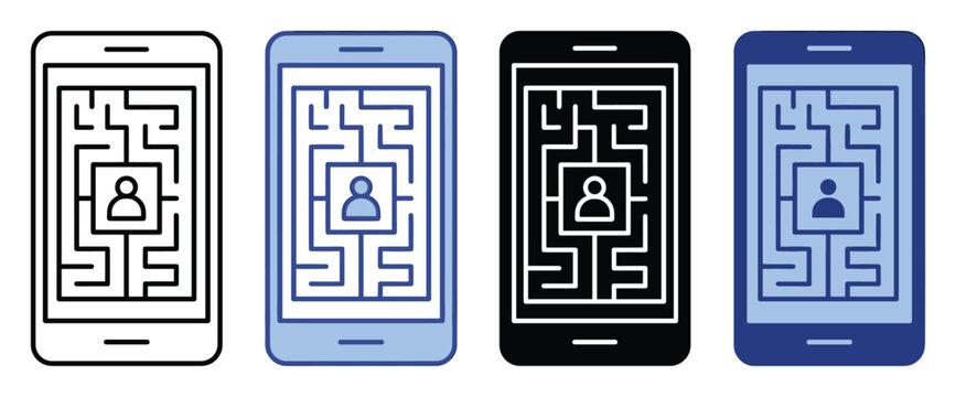 Set of smartphone maze icons. Mobile phone labyrinth symbols, digital identity challenge, user