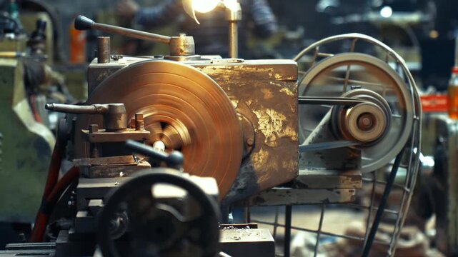 View of a metal lathe machine rotating in an industrial workshop with mechanical parts and tools Kushtia, Khulna Division, Bangladesh.