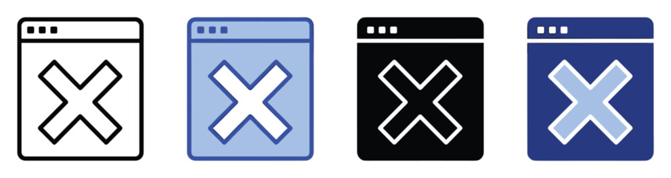 Set of window close icons. Browser error, delete, incorrect, wrong, cancel symbol. Application