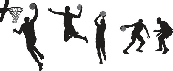 Basketball Silhouette Sequence: A dynamic visual sequence depicting the various actions of a basketball player, from shooting and dunking to defending, captured in a striking silhouette style. © Salman