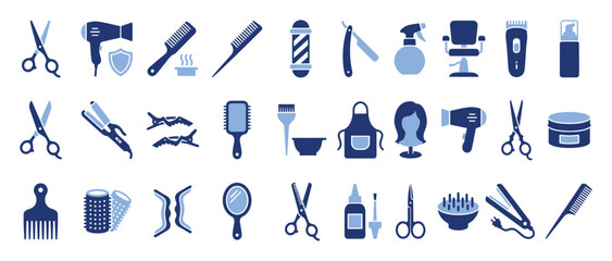 Fototapeta premium Collection of hairdressing and barber shop equipment icons. Hair salon tools, styling, cutting,