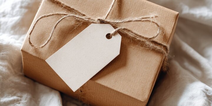 A light beige cardboard gift box tied with twine and featuring a blank tag
