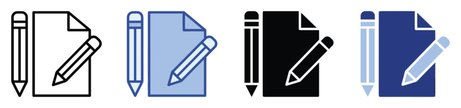 Set of edit document and pencil icons. Writing, creating notes, paper, file, form, content symbols.