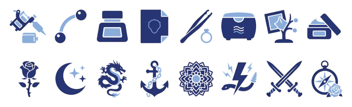 Set of body art and symbolic icons. Tattoo machine, piercing jewelry, ink bottle, certificate,