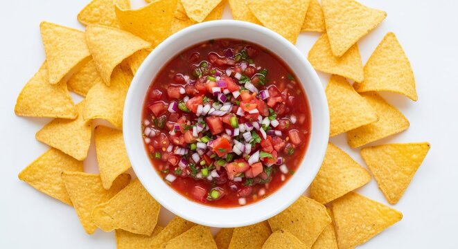 A clean and minimalist top view of a ceramic bowl filled with red tomato salsa surrounded by crispy golden corn tortilla chips on white, afternoon, nutrition, delicious