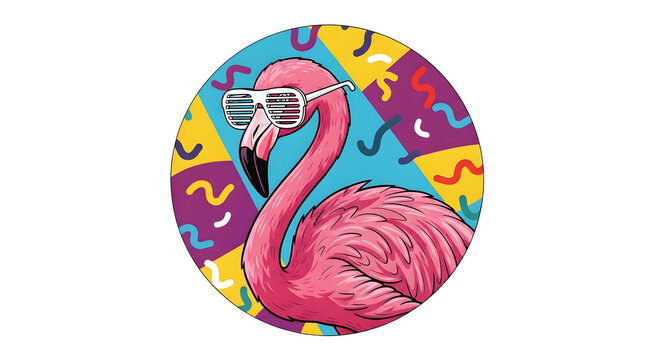 Flamingo Wearing Sunglasses with Vibrant Retro Background