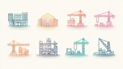 Obraz premium Set of stylized illustrations depicts various construction sites & buildings with cranes