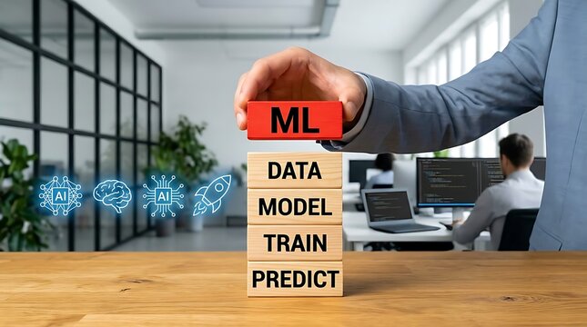 Businessman hand stacks red ML block alongside glowing tech icons symbolizing artificial intelligence training and predictive modeling