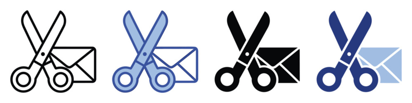 Set of scissors and envelope icons. Mail cutting, message deletion, email removal, unsubscribe